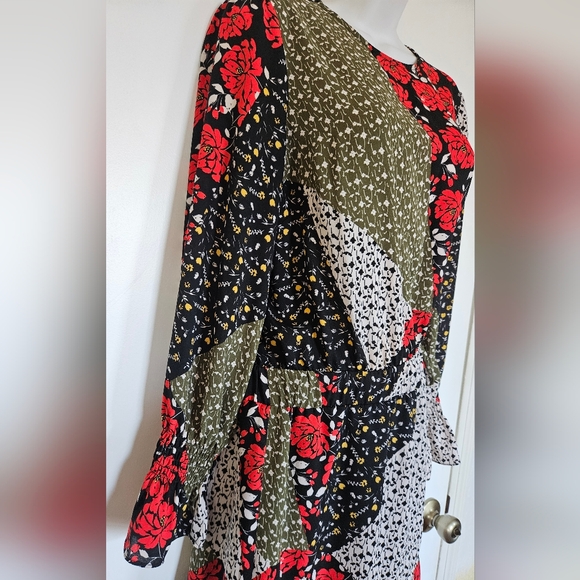 Libby Edelman Black and Red Floral Midi Dress Long Sleeves Size S - Picture 2 of 15